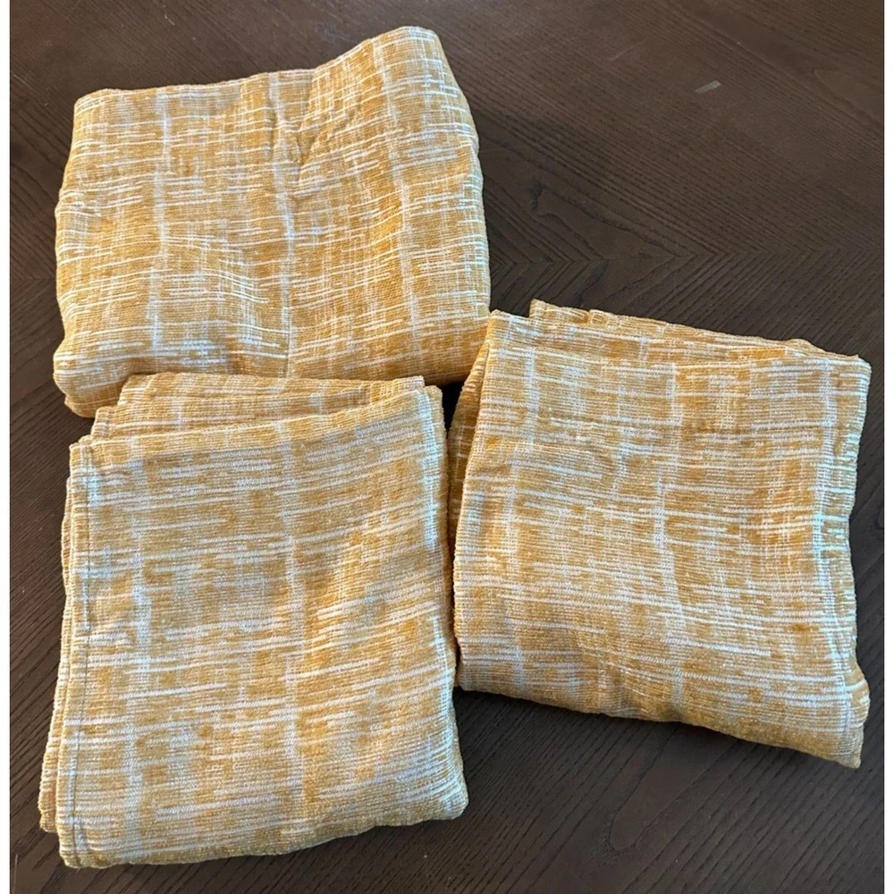 3 Etched Grid‎ Cotton Canvas Curtain 84x37 Panels Horseradish Yellow White Used